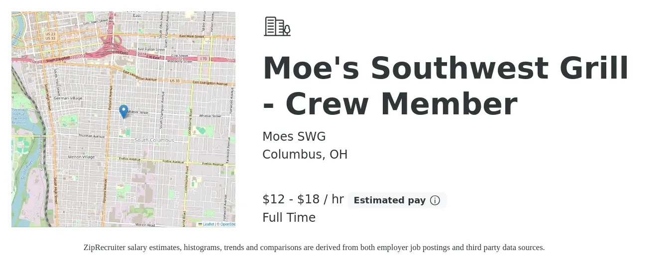 Moes SWG job posting for a Moe's Southwest Grill - Crew Member in Columbus, OH with a salary of $13 to $19 Hourly with a map of Columbus location.