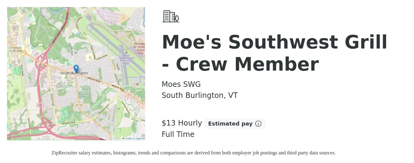 Moes SWG job posting for a Moe's Southwest Grill - Crew Member in South Burlington, VT with a salary of $14 Hourly with a map of South Burlington location.