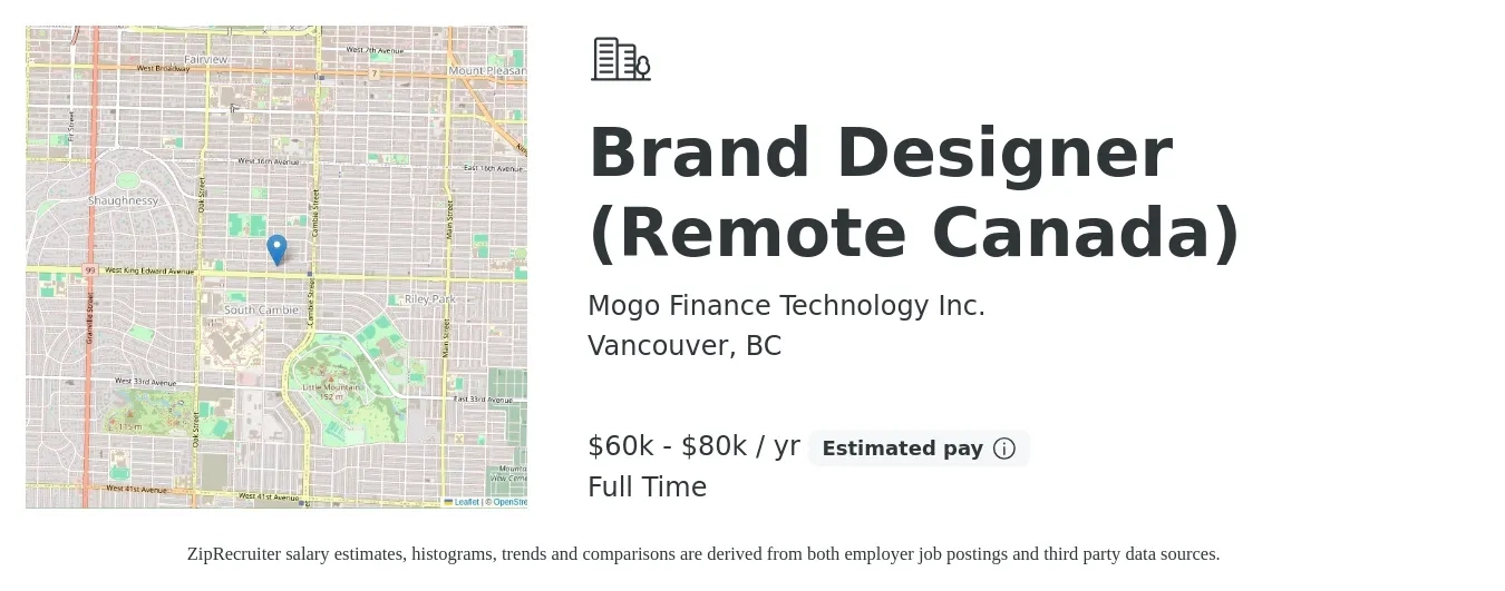 Mogo Finance Technology Inc. job posting for a Brand Designer (Remote Canada) in Vancouver, BC with a salary of $60,000 to $80,000 Yearly with a map of Vancouver location.