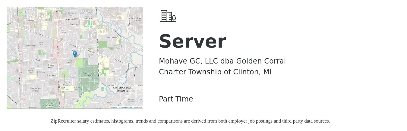 Mohave GC, LLC dba Golden Corral job posting for a Server in Charter Township of Clinton, MI with a salary of $10 to $16 Hourly with a map of Charter Township of Clinton location.