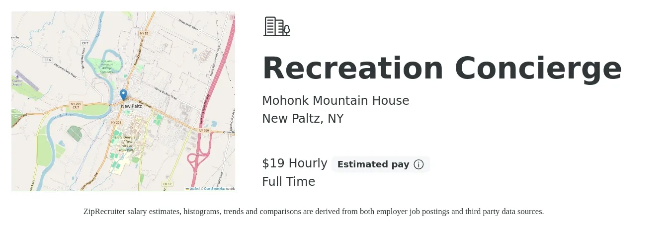 Mohonk Mountain House job posting for a Recreation Concierge in New Paltz, NY with a salary of $20 Hourly with a map of New Paltz location.