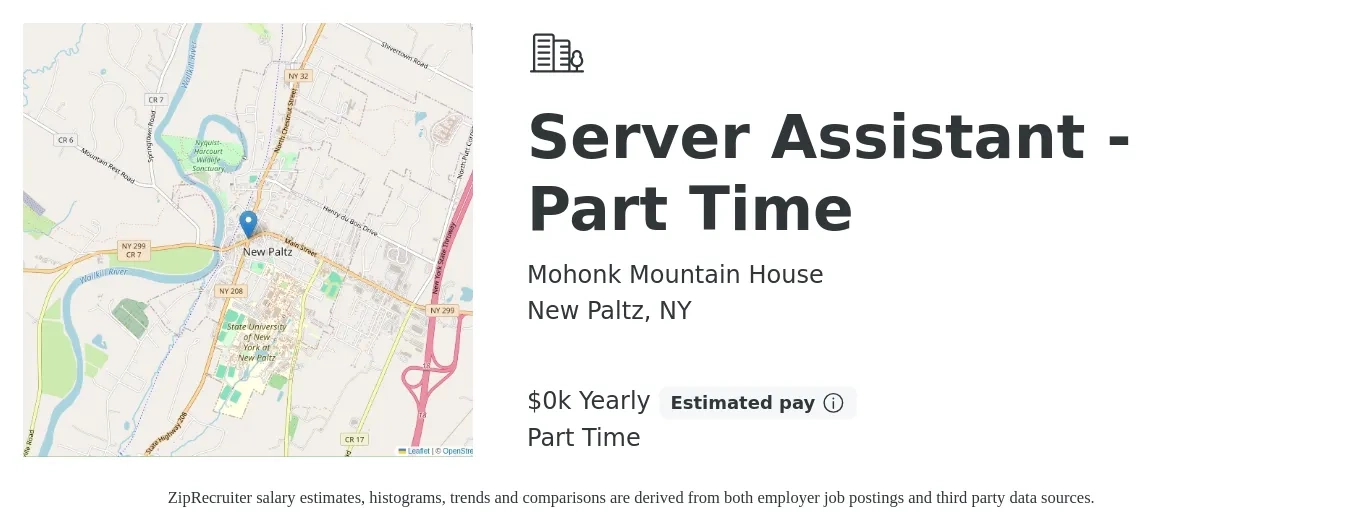 Mohonk Mountain House job posting for a Server Assistant - Part Time in New Paltz, NY with a salary of $18 Yearly with a map of New Paltz location.