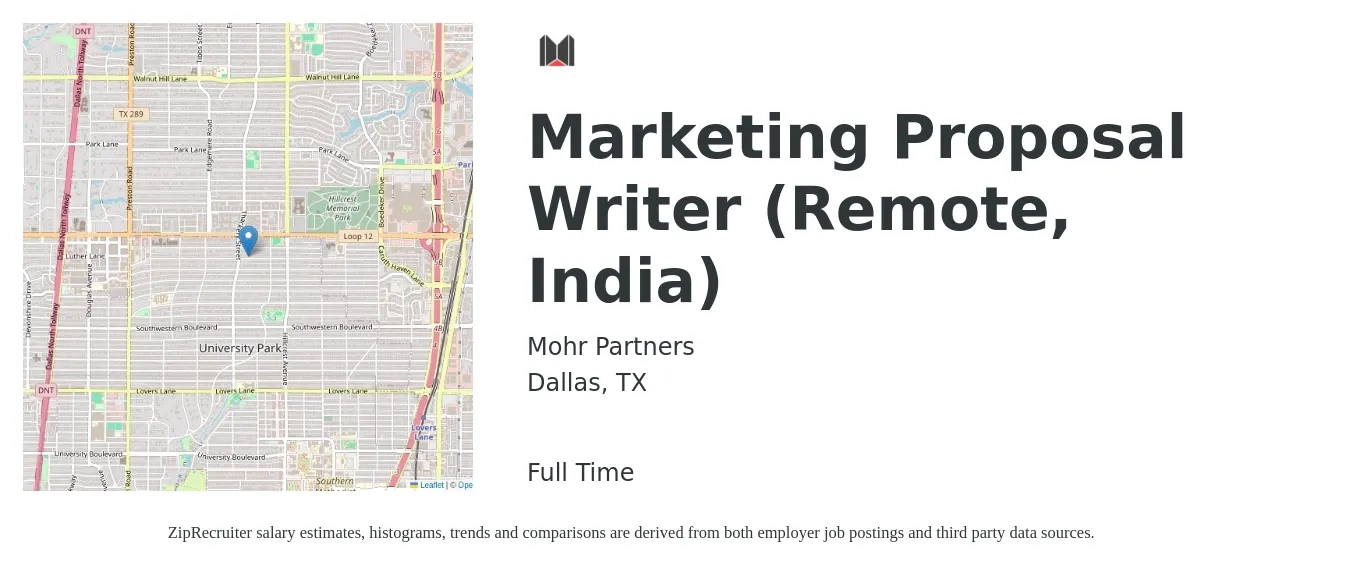 Mohr Partners job posting for a Marketing Proposal Writer (Remote, India) in Dallas, TX with a salary of $61,600 to $87,800 Yearly with a map of Dallas location.