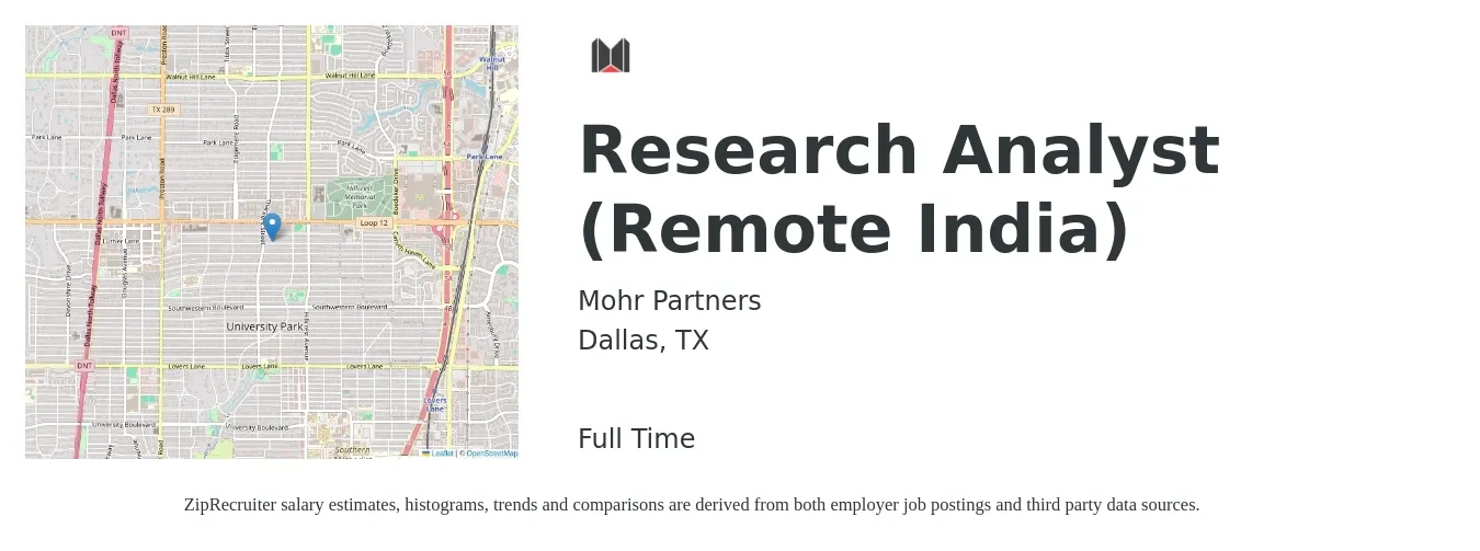Mohr Partners job posting for a Research Analyst (Remote India) in Dallas, TX with a salary of $55,300 to $95,600 Yearly with a map of Dallas location.