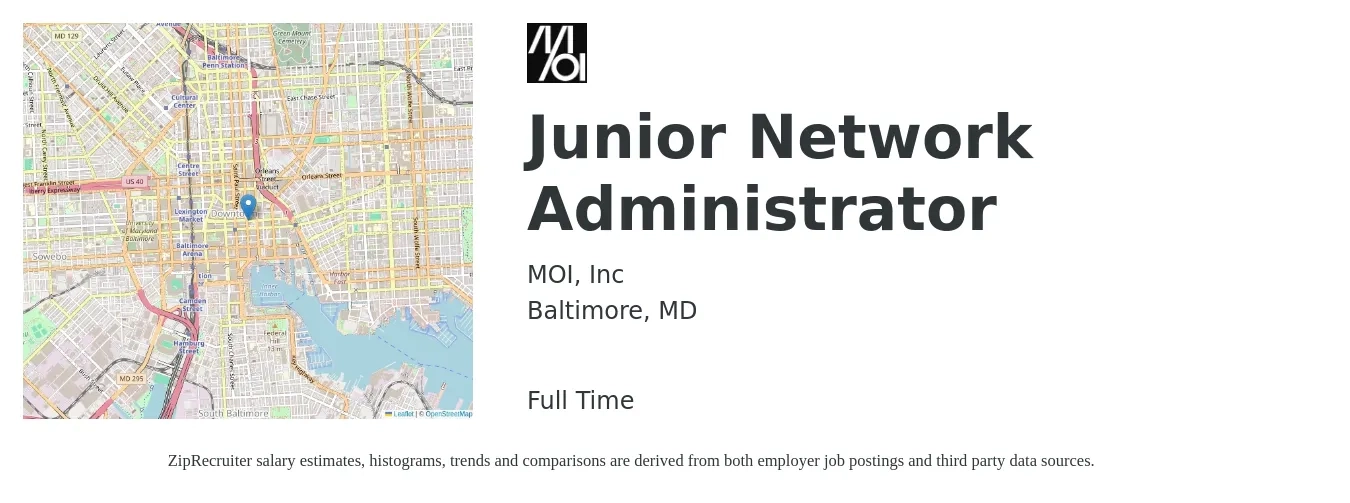MOI, Inc job posting for a Junior Network Administrator in Baltimore, MD with a salary of $26 to $36 Hourly with a map of Baltimore location.