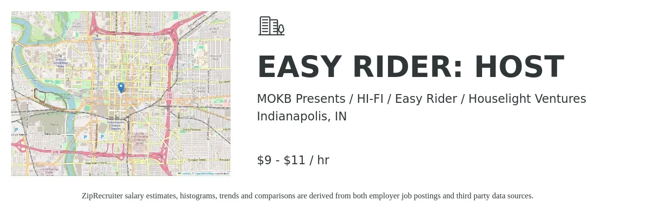 MOKB Presents / HI-FI / Easy Rider / Houselight Ventures job posting for a EASY RIDER: HOST in Indianapolis, IN with a salary of $10 to $12 Hourly with a map of Indianapolis location.