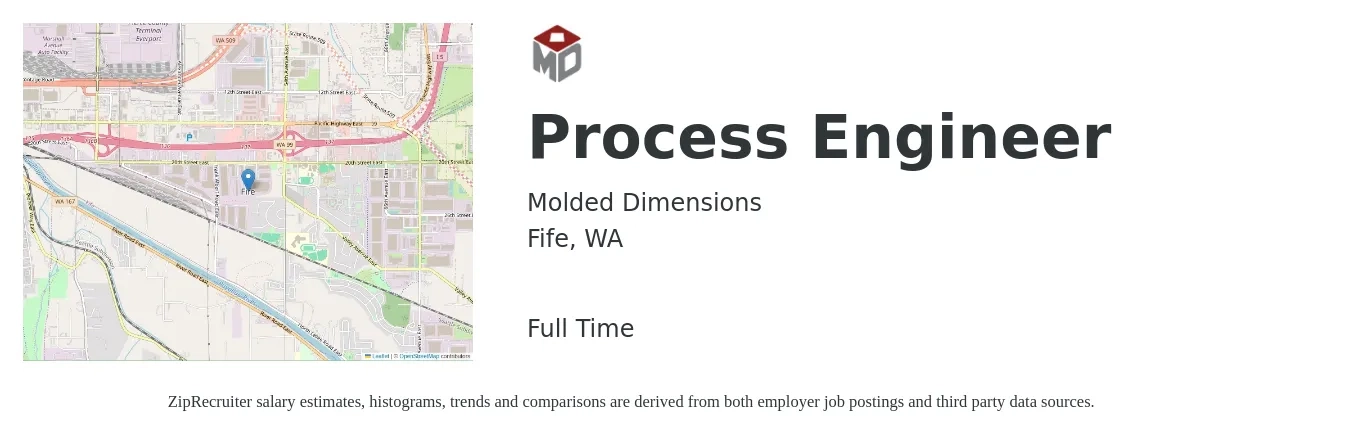 Molded Dimensions job posting for a Process Engineer in Fife, WA with a salary of $75,000 to $90,000 Yearly with a map of Fife location.