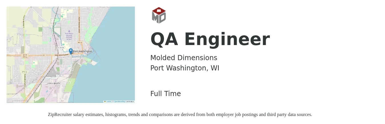 Molded Dimensions job posting for a QA Engineer in Port Washington, WI with a salary of $74,600 to $105,300 Yearly with a map of Port Washington location.