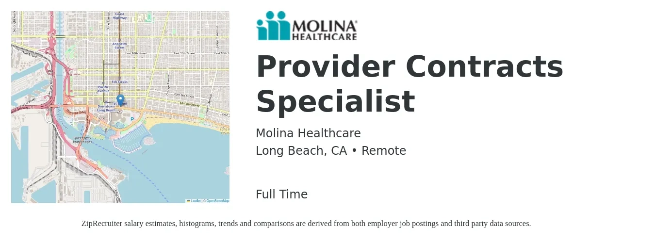 Molina Healthcare job posting for a Provider Contracts Specialist in Long Beach, CA with a salary of $62,200 to $107,500 Yearly with a map of Long Beach location.