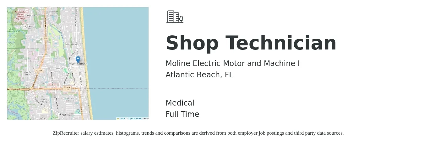 Moline Electric Motor and Machine I job posting for a Shop Technician in Atlantic Beach, FL with a salary of $16 to $23 Hourly and benefits including medical with a map of Atlantic Beach location.