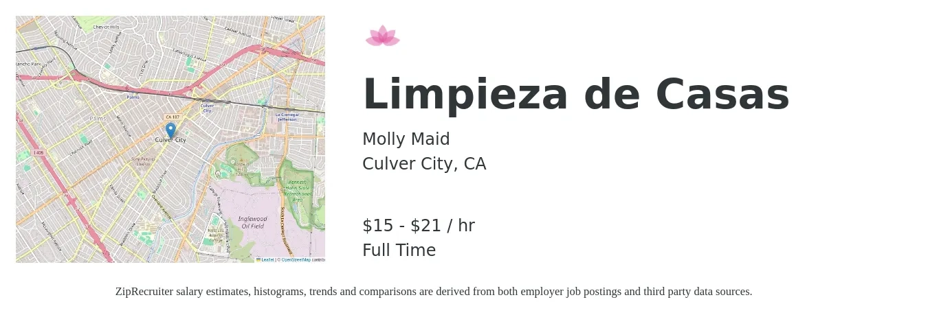 Molly Maid job posting for a Limpieza de Casas in Culver City, CA with a salary of $16 to $22 Hourly with a map of Culver City location.