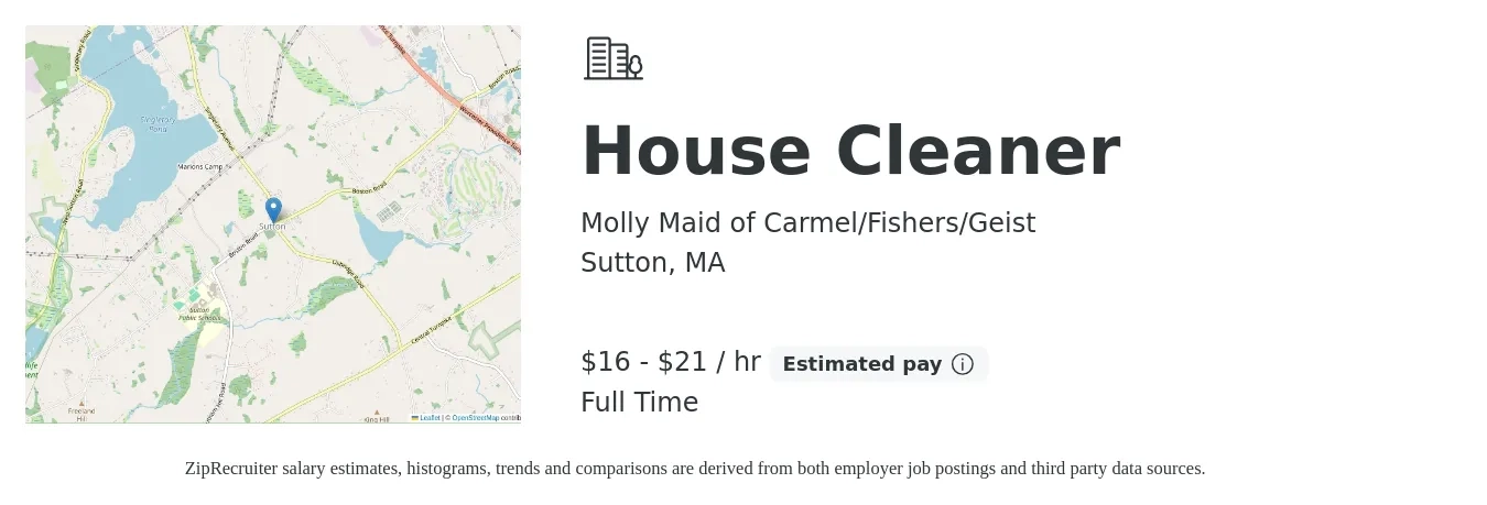 Molly Maid of Carmel/Fishers/Geist job posting for a House Cleaner in Sutton, MA with a salary of $17 to $22 Hourly with a map of Sutton location.