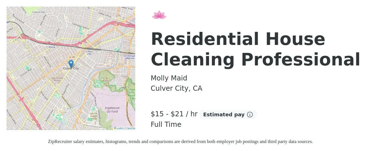 Molly Maid job posting for a Residential House Cleaning Professional in Culver City, CA with a salary of $16 to $22 Hourly with a map of Culver City location.