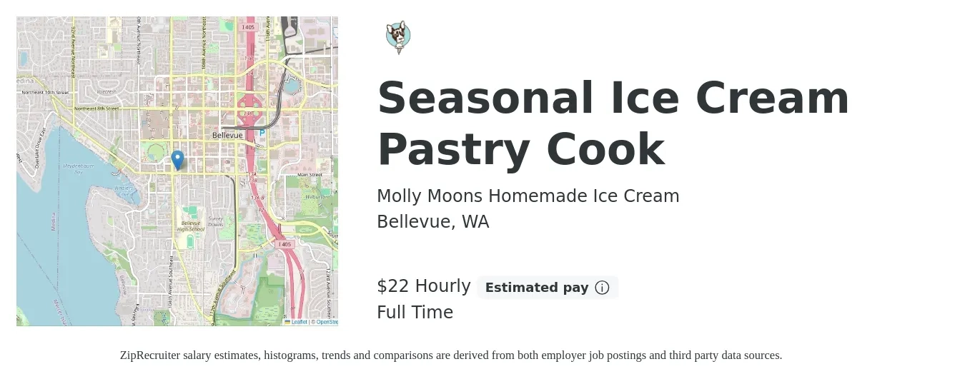 Molly Moons Homemade Ice Cream job posting for a Seasonal Ice Cream Pastry Cook in Bellevue, WA with a salary of $23 Hourly with a map of Bellevue location.