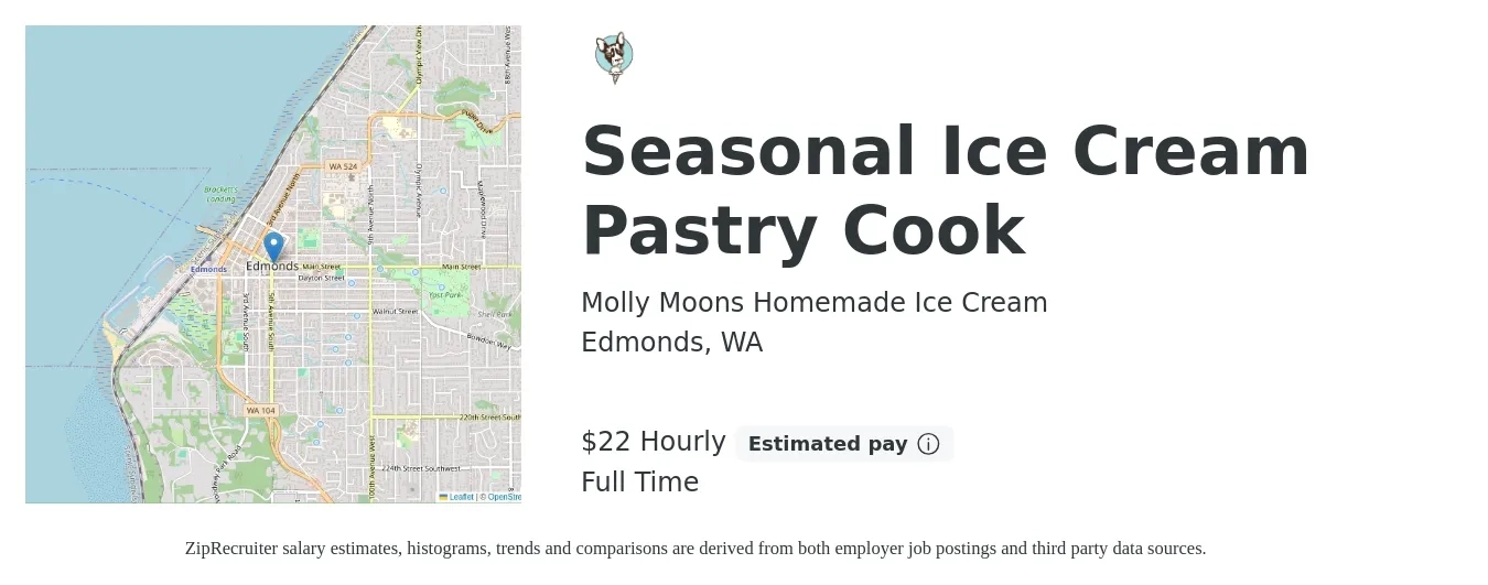 Molly Moons Homemade Ice Cream job posting for a Seasonal Ice Cream Pastry Cook in Edmonds, WA with a salary of $23 Hourly with a map of Edmonds location.