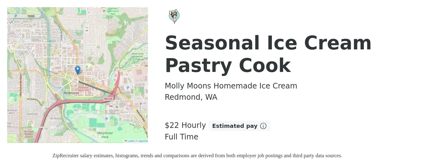 Molly Moons Homemade Ice Cream job posting for a Seasonal Ice Cream Pastry Cook in Redmond, WA with a salary of $23 Hourly with a map of Redmond location.