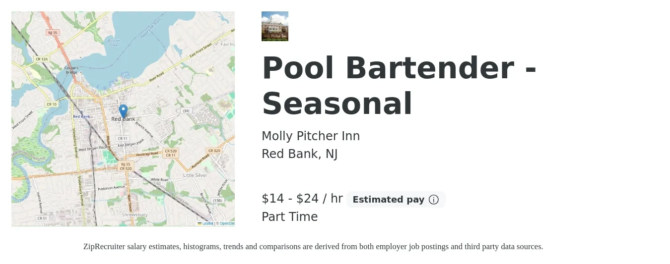 Molly Pitcher Inn job posting for a Pool Bartender - Seasonal in Red Bank, NJ with a salary of $15 to $25 Hourly with a map of Red Bank location.