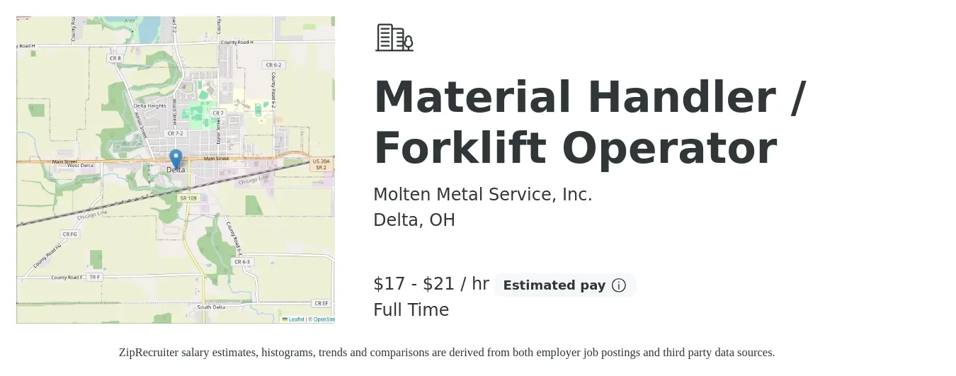 Molten Metal Service, Inc. job posting for a Material Handler / Forklift Operator in Delta, OH with a salary of $18 to $22 Hourly with a map of Delta location.