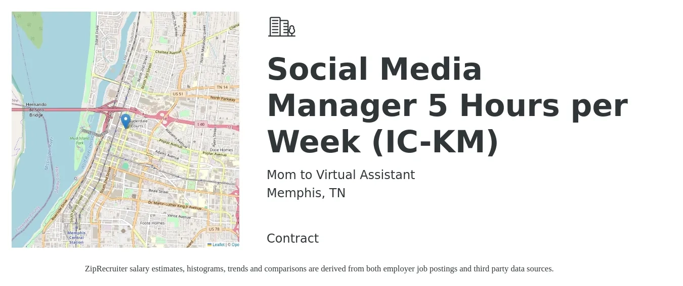 Mom to Virtual Assistant job posting for a Social Media Manager 5 Hours per Week (IC-KM) in Memphis, TN with a salary of $46,100 to $74,300 Yearly with a map of Memphis location.