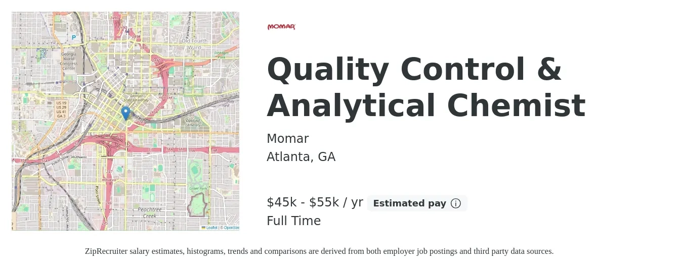 Momar job posting for a Quality Control & Analytical Chemist in Atlanta, GA with a salary of $45,000 to $55,000 Yearly with a map of Atlanta location.