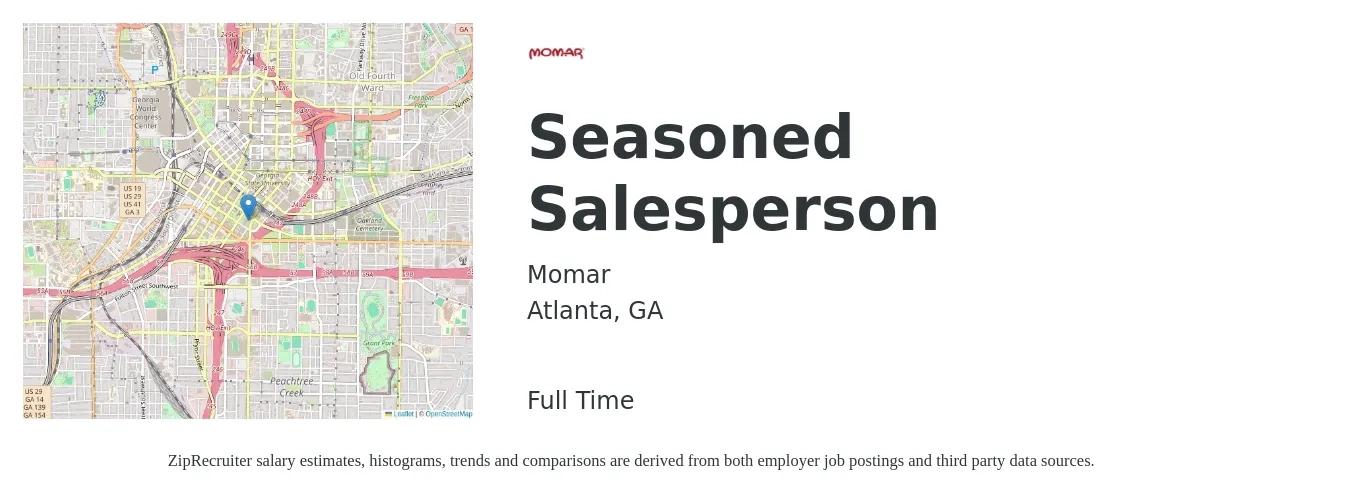 Momar job posting for a Seasoned Salesperson in Atlanta, GA with a salary of $33,200 to $61,700 Yearly with a map of Atlanta location.
