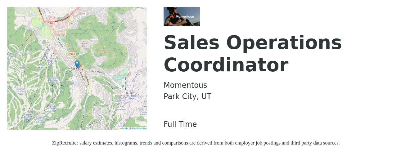 Momentous job posting for a Sales Operations Coordinator in Park City, UT with a salary of $45,000 to $72,200 Yearly with a map of Park City location.
