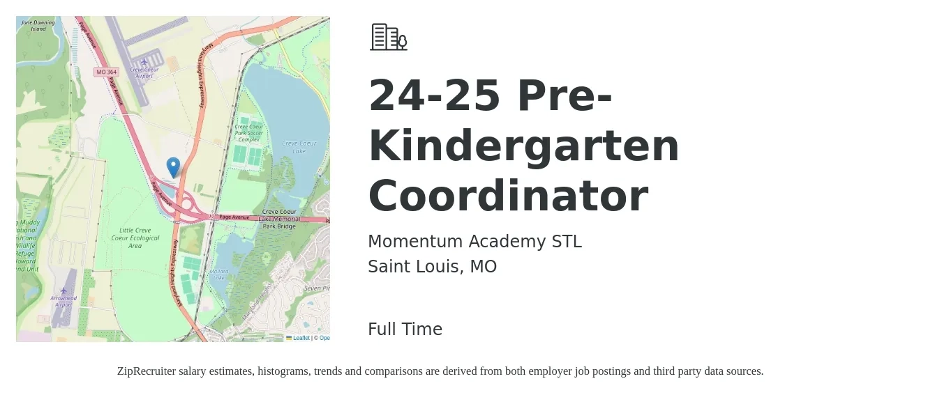 Momentum Academy STL job posting for a 24-25 Pre-Kindergarten Coordinator in Saint Louis, MO with a salary of $18 to $24 Hourly with a map of Saint Louis location.