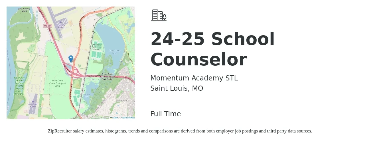 Momentum Academy STL job posting for a 24-25 School Counselor in Saint Louis, MO with a salary of $45,000 to $65,100 Yearly with a map of Saint Louis location.