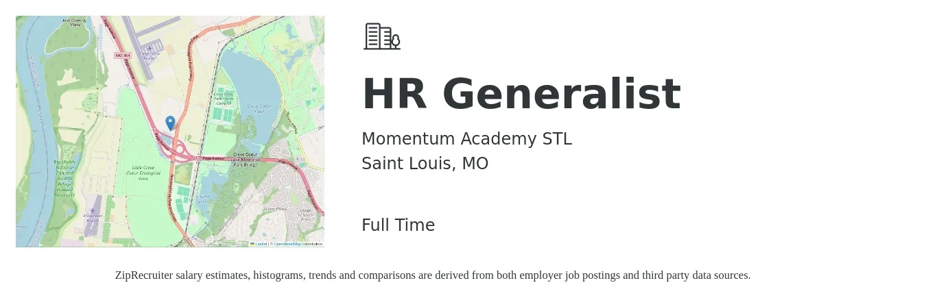 Momentum Academy STL job posting for a HR Generalist in Saint Louis, MO with a salary of $48,700 to $69,400 Yearly with a map of Saint Louis location.