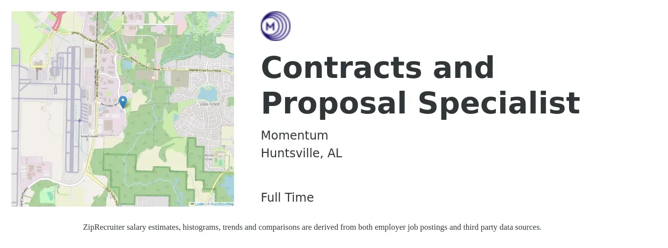 Momentum job posting for a Contracts and Proposal Specialist in Huntsville, AL with a salary of $50,000 to $60,000 Yearly with a map of Huntsville location.