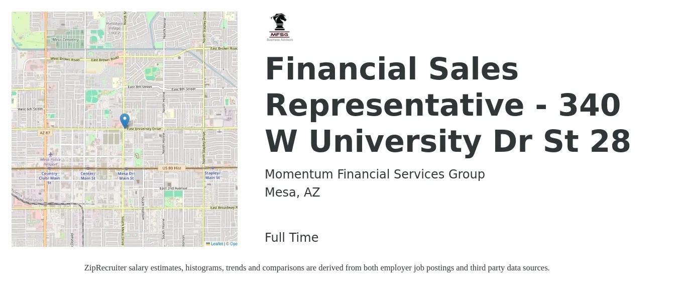 Momentum Financial Services Group job posting for a Financial Sales Representative - 340 W University Dr St 28 in Mesa, AZ with a salary of $50,600 to $90,300 Yearly with a map of Mesa location.
