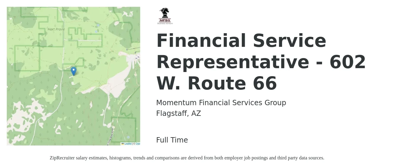Momentum Financial Services Group job posting for a Financial Service Representative - 602 W. Route 66 in Flagstaff, AZ with a salary of $19 to $30 Hourly with a map of Flagstaff location.