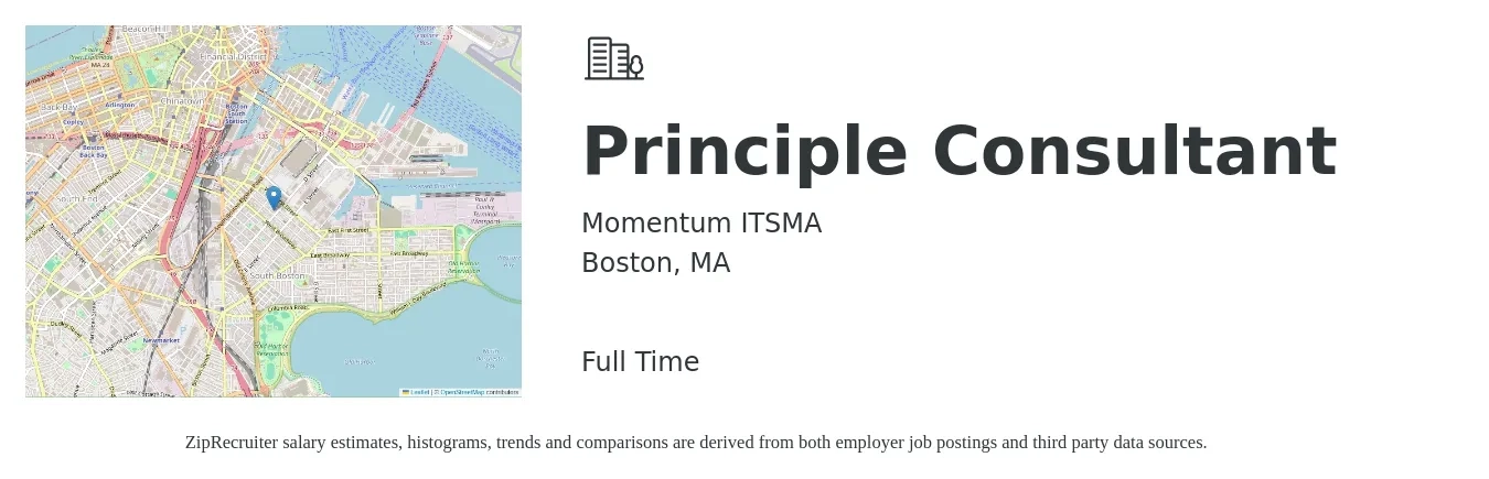 Momentum ITSMA job posting for a Principle Consultant in Boston, MA with a salary of $132,700 to $138,100 Yearly with a map of Boston location.