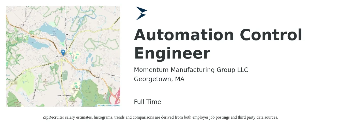Momentum Manufacturing Group LLC job posting for a Automation Control Engineer in Georgetown, MA with a salary of $96,200 to $137,300 Yearly with a map of Georgetown location.