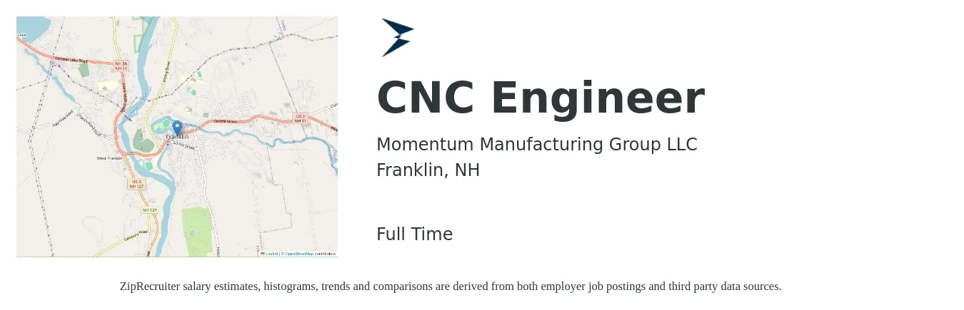 Momentum Manufacturing Group LLC job posting for a CNC Engineer in Franklin, NH with a salary of $75,200 to $95,800 Yearly with a map of Franklin location.