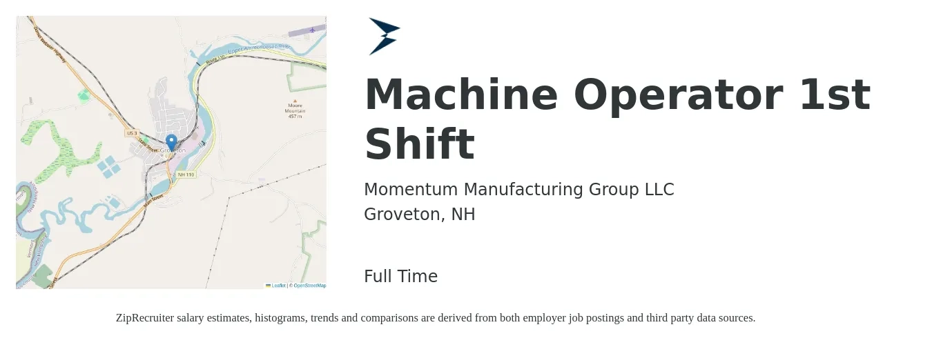 Momentum Manufacturing Group LLC job posting for a Machine Operator 1st Shift in Groveton, NH with a salary of $19 to $23 Hourly with a map of Groveton location.