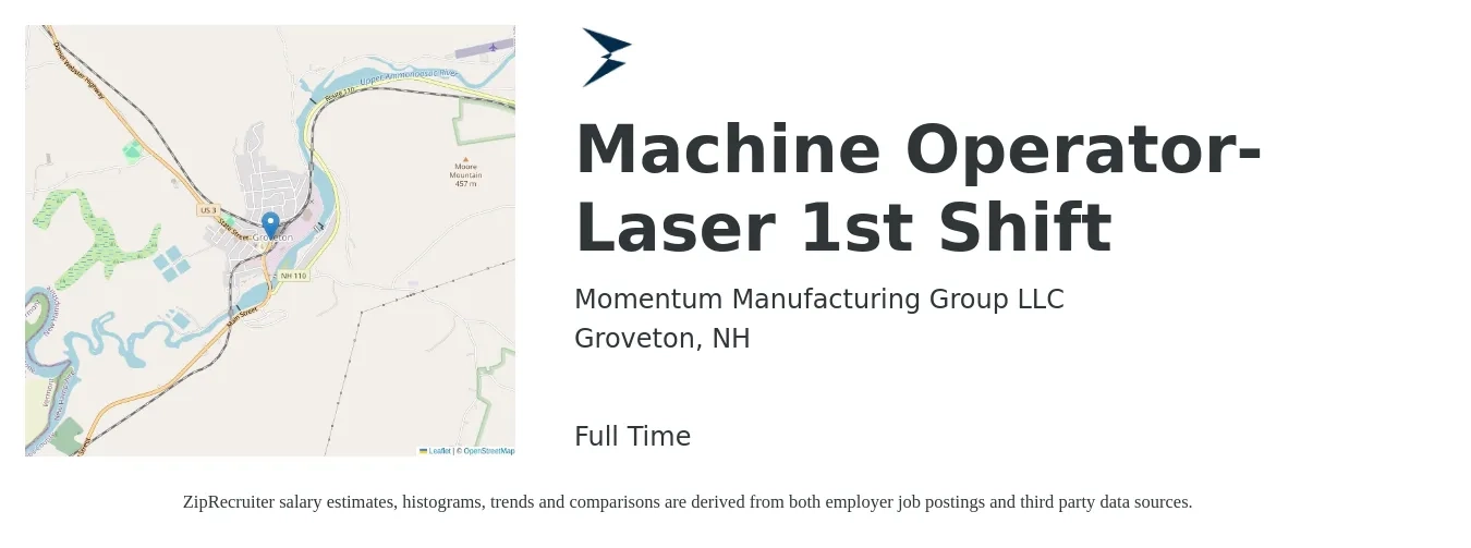 Momentum Manufacturing Group LLC job posting for a Machine Operator-Laser 1st Shift in Groveton, NH with a salary of $19 to $23 Hourly with a map of Groveton location.