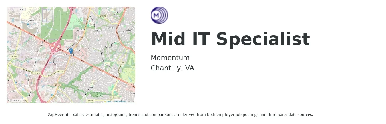 Momentum job posting for a Mid IT Specialist in Chantilly, VA with a salary of $48,100 to $115,200 Yearly with a map of Chantilly location.