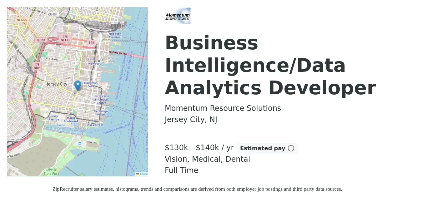Momentum Resource Solutions job posting for a Business Intelligence/Data Analytics Developer in Jersey City, NJ with a salary of $130,000 to $140,000 Yearly and benefits including retirement, vision, dental, life_insurance, and medical with a map of Jersey City location.