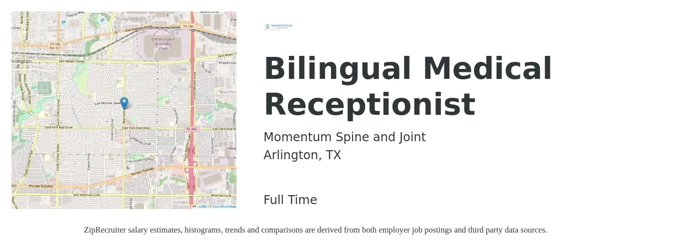 Momentum Spine and Joint job posting for a Bilingual Medical Receptionist in Arlington, TX with a salary of $16 to $19 Hourly with a map of Arlington location.