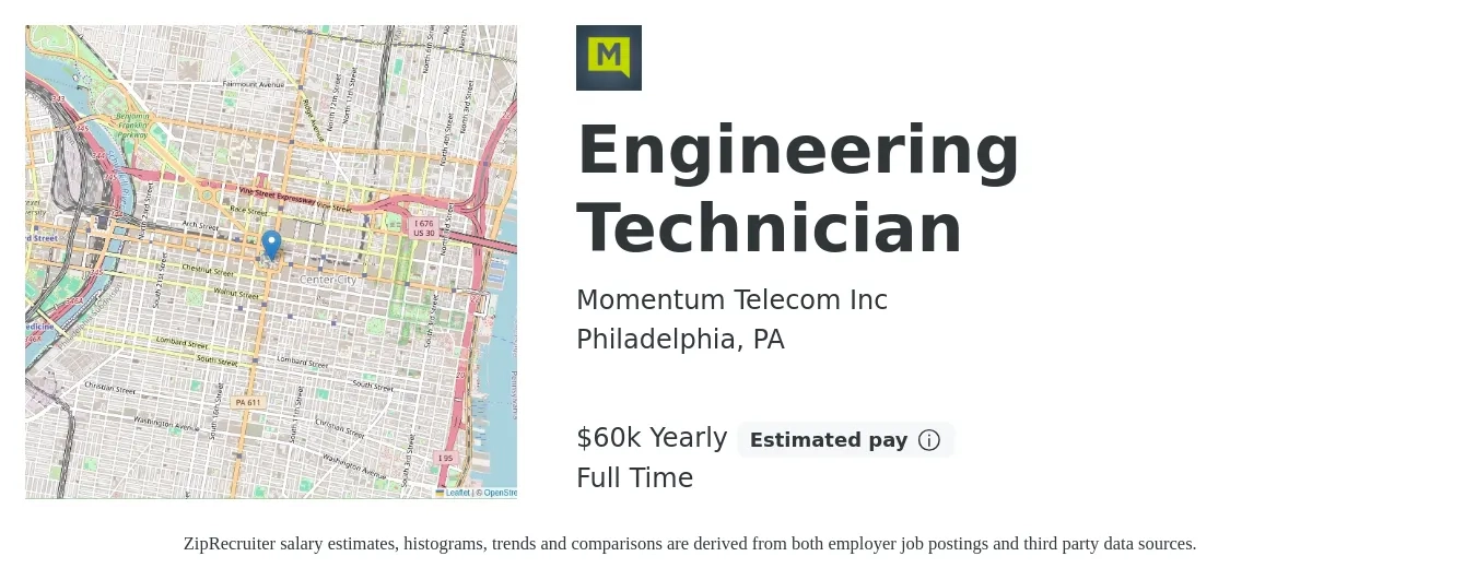 Momentum Telecom Inc job posting for a Engineering Technician in Philadelphia, PA with a salary of $60,000 Yearly with a map of Philadelphia location.