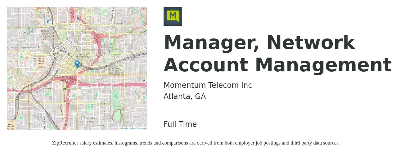 Momentum Telecom Inc job posting for a Manager, Network Account Management in Atlanta, GA with a salary of $10,000 Monthly with a map of Atlanta location.
