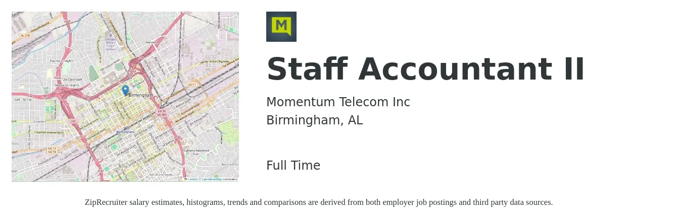 Momentum Telecom Inc job posting for a Staff Accountant II in Birmingham, AL with a salary of $47,100 to $62,100 Yearly with a map of Birmingham location.