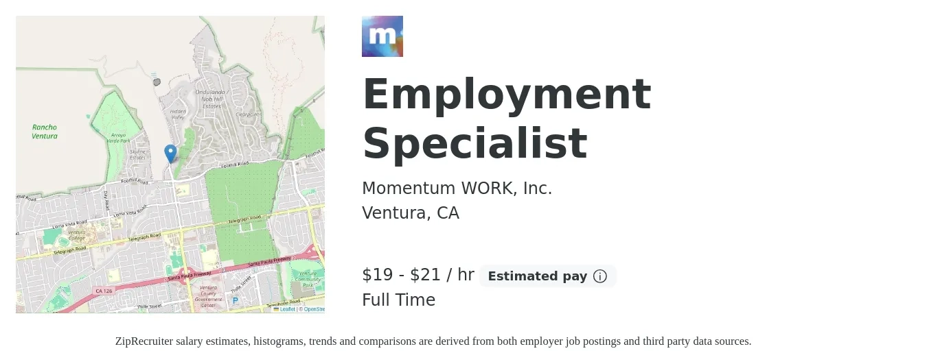 Momentum WORK, Inc. job posting for a Employment Specialist in Ventura, CA with a salary of $20 to $22 Hourly with a map of Ventura location.