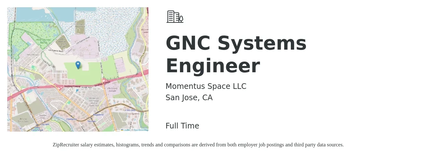 Momentus Space LLC job posting for a GNC Systems Engineer in San Jose, CA with a salary of $114,900 to $184,000 Yearly with a map of San Jose location.