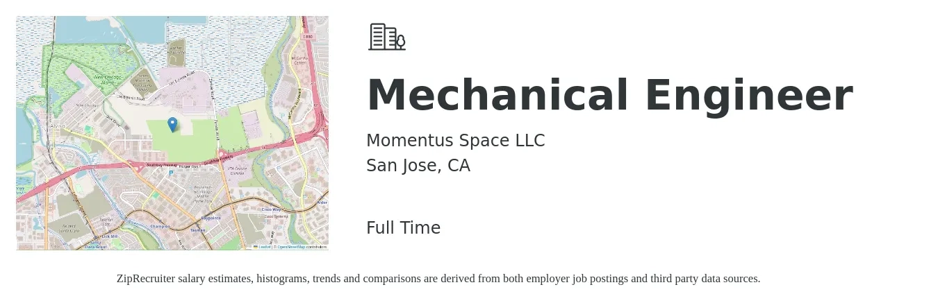Momentus Space LLC job posting for a Mechanical Engineer in San Jose, CA with a salary of $95,500 to $148,300 Yearly with a map of San Jose location.