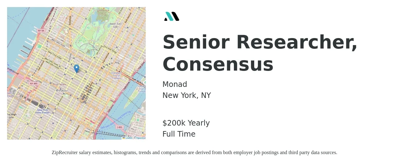 Monad job posting for a Senior Researcher, Consensus in New York, NY with a salary of $200,000 Yearly with a map of New York location.