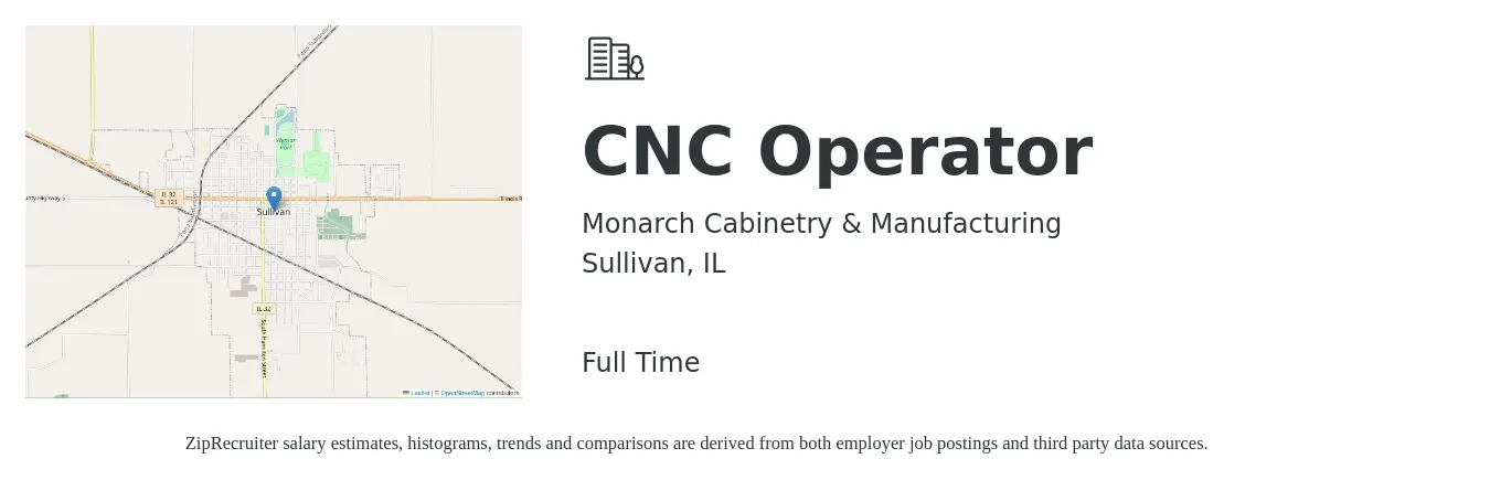 Monarch Cabinetry & Manufacturing job posting for a CNC Operator in Sullivan, IL with a salary of $16 to $20 Hourly with a map of Sullivan location.