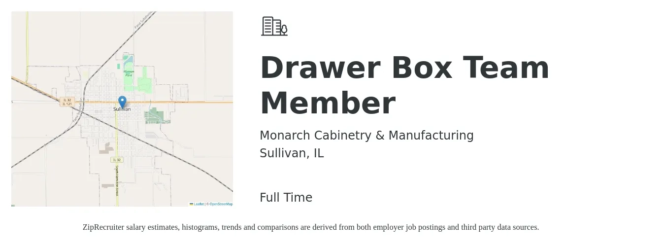 Monarch Cabinetry & Manufacturing job posting for a Drawer Box Team Member in Sullivan, IL with a salary of $16 to $20 Hourly with a map of Sullivan location.