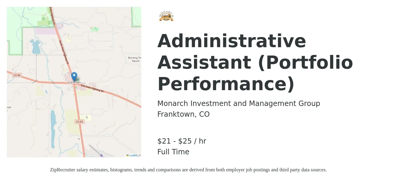 Monarch Investment and Management Group job posting for a Administrative Assistant (Portfolio Performance) in Franktown, CO with a salary of $22 to $26 Hourly with a map of Franktown location.
